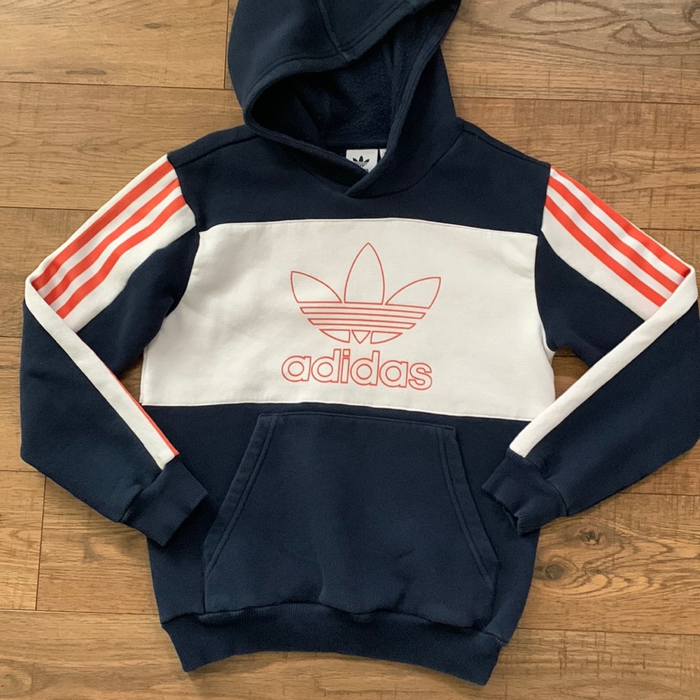 Adidas Blue Orange White Long Sleeve Hooded Sweathshirt Youth Small 9-10